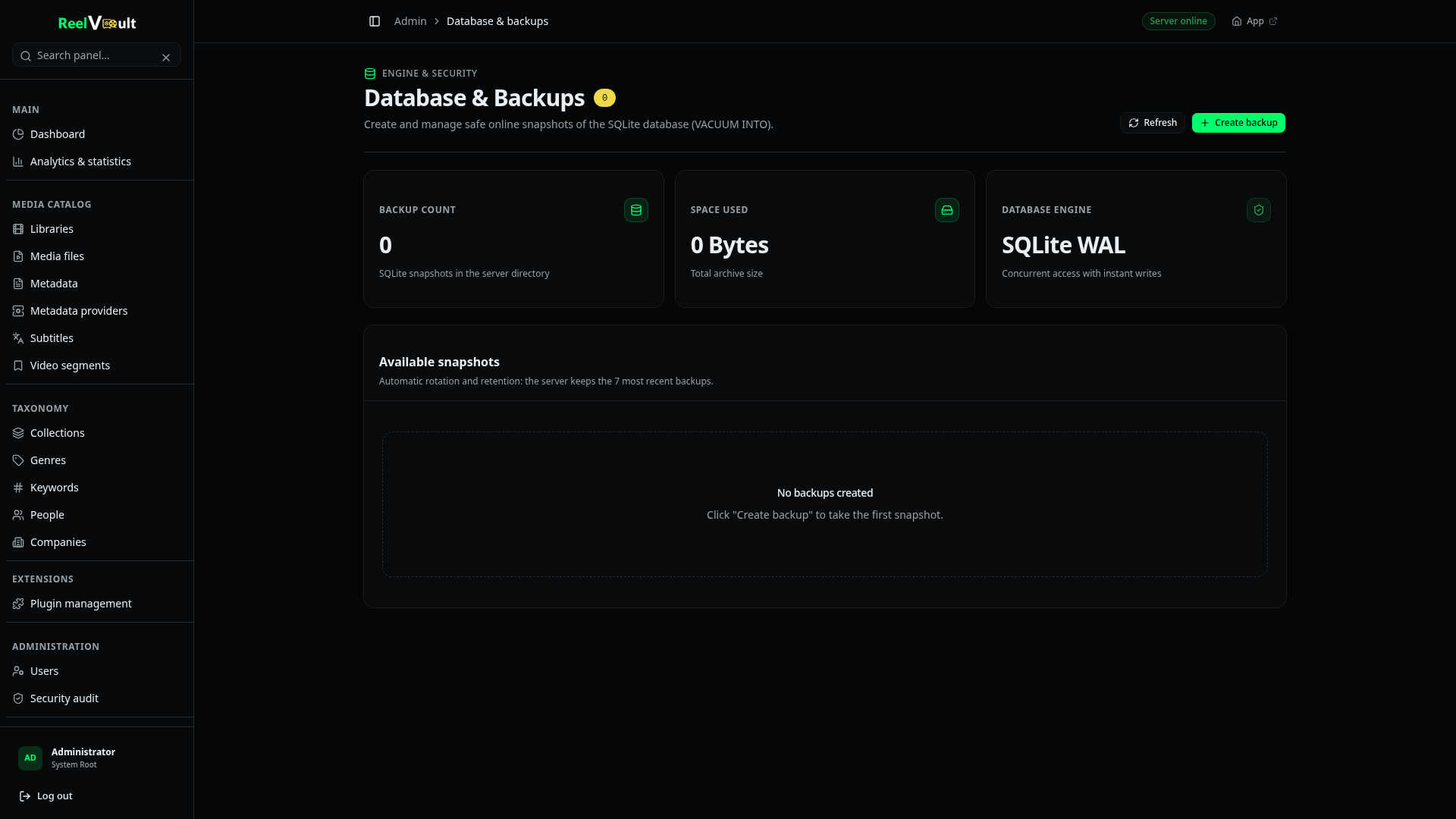 Database and backups page with backup count, space used, database engine and an empty snapshot list
