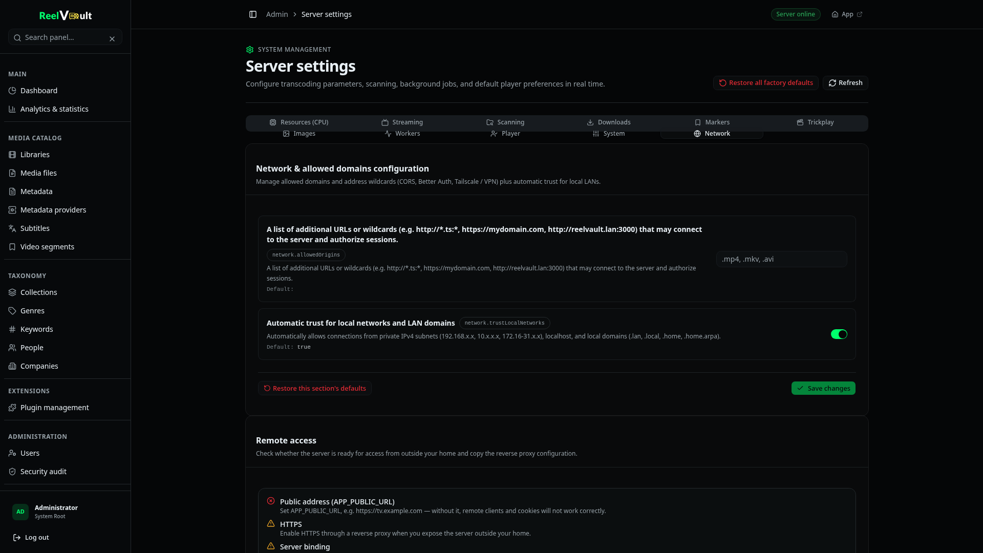 The Network settings tab with allowed origins, automatic trust for local networks and the remote access readiness card