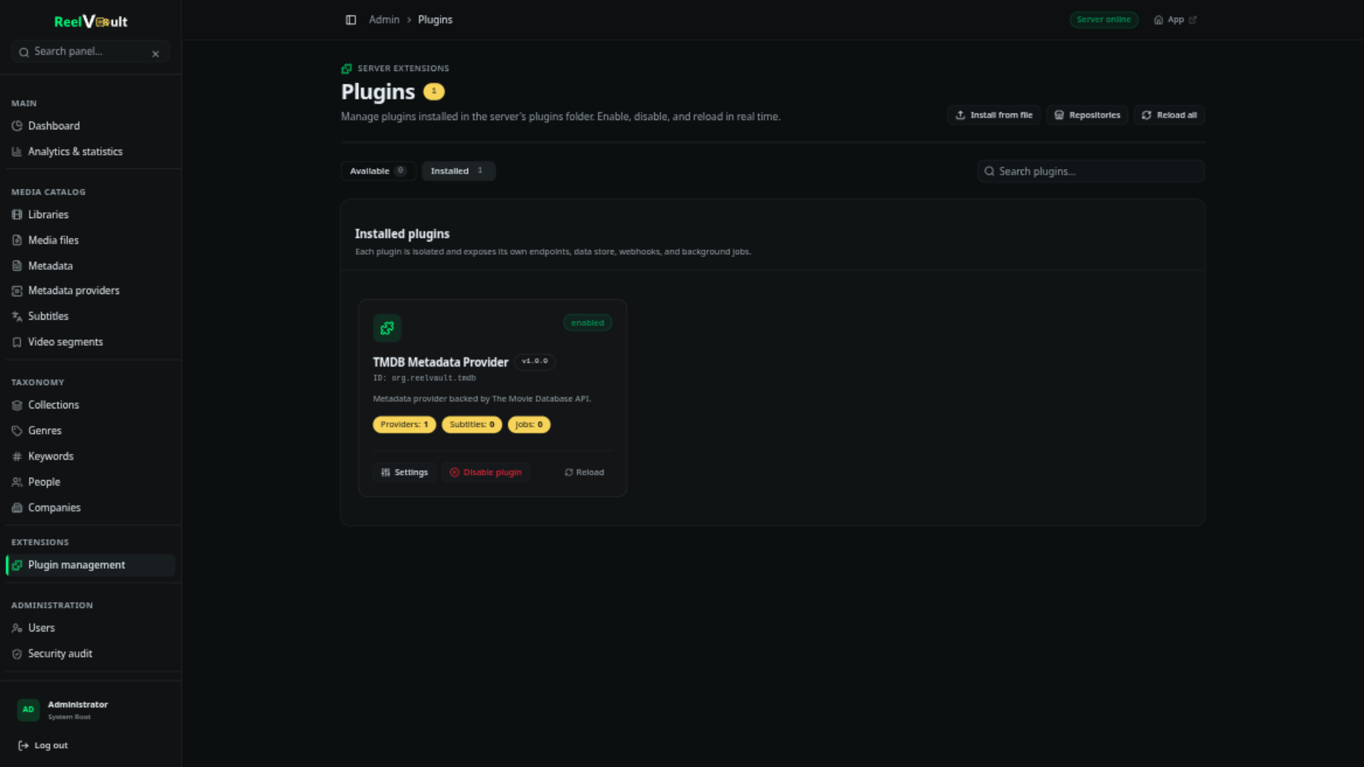 The plugins admin page showing an installed TMDB metadata provider with enable, reload and settings controls
