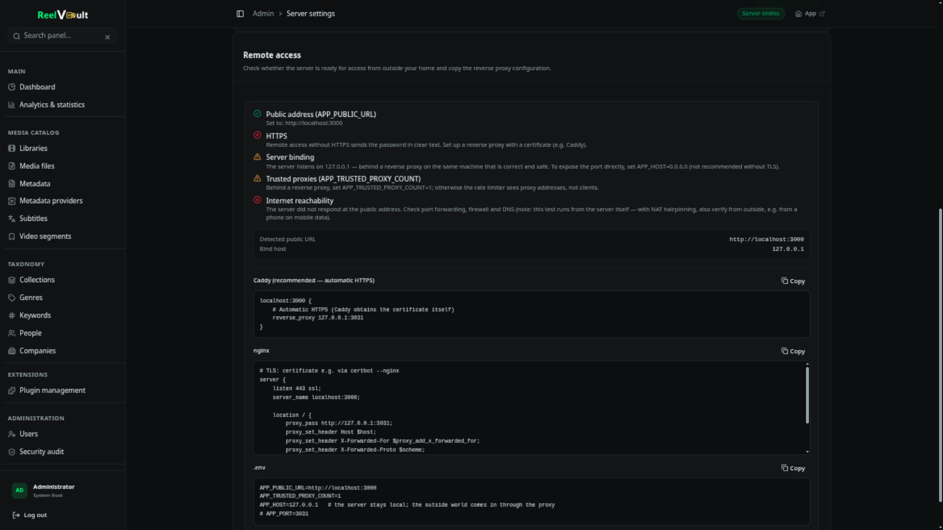 The remote access card with public address, HTTPS, server binding, trusted proxies and nginx/Caddy snippets