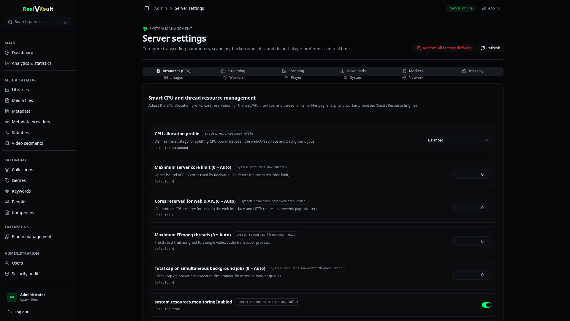 The server settings page with tabs for resources, streaming, scanning, downloads, markers, trickplay, images, workers, player, system and network