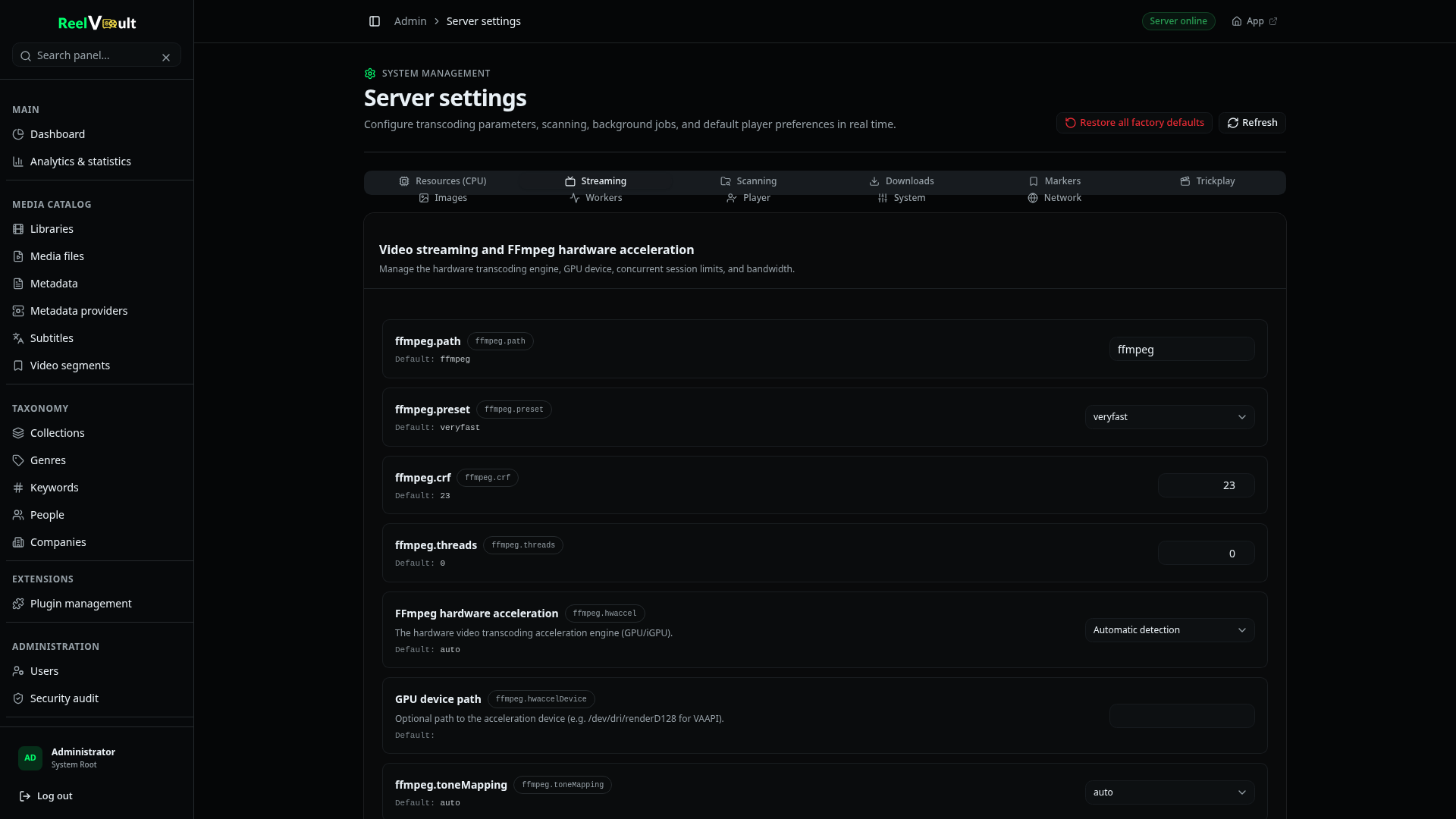 The Streaming settings tab with ffmpeg path, preset, quality, hardware acceleration and tone-mapping options