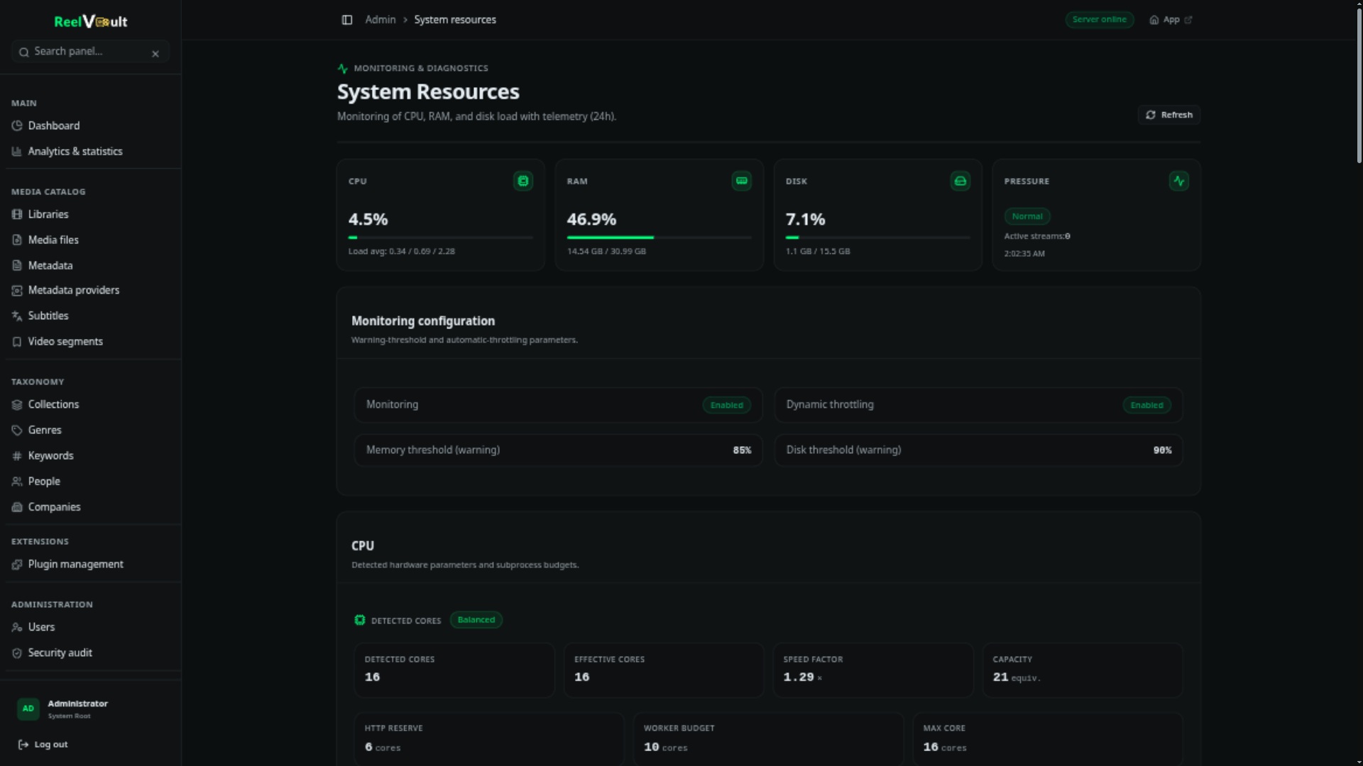 System resources page showing CPU, memory and disk usage with ffmpeg hardware encoder capabilities