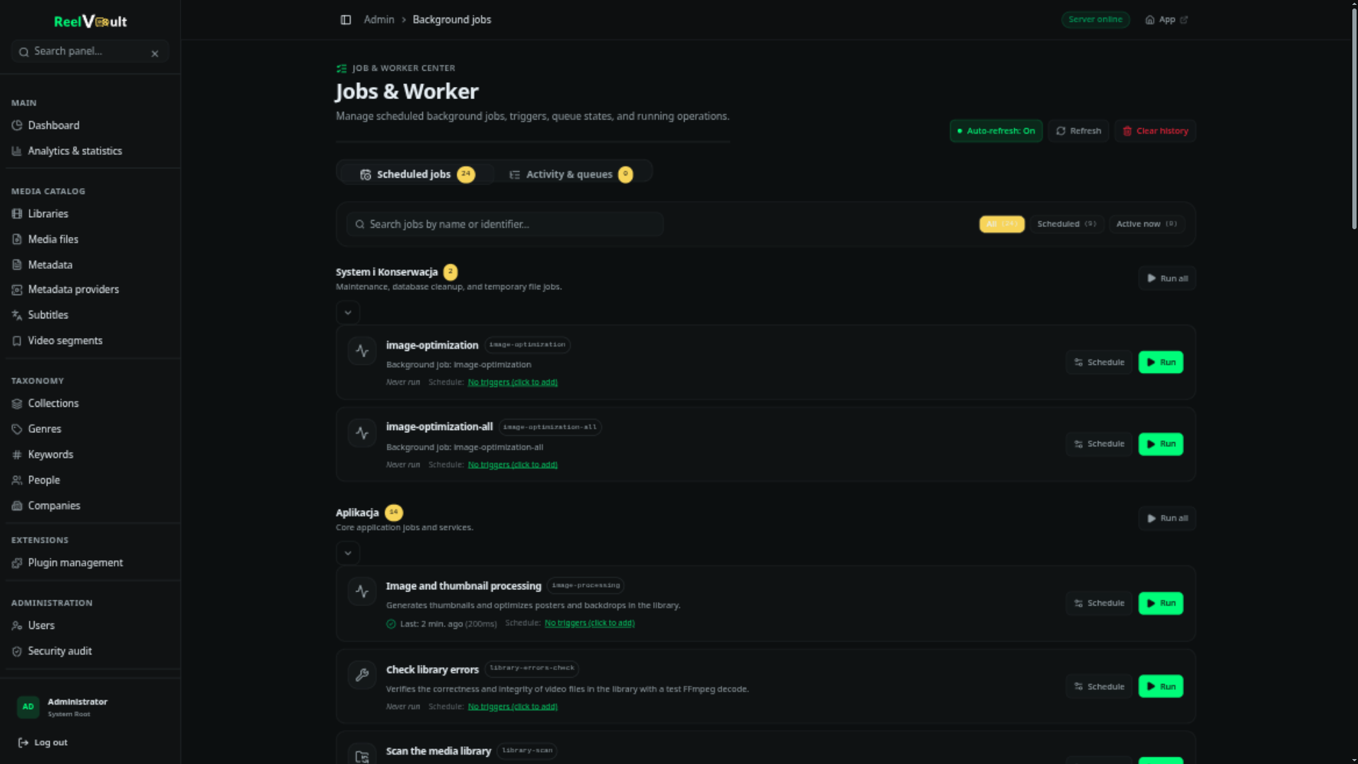 The jobs and worker center with scheduled jobs grouped by category, run buttons and an activity tab