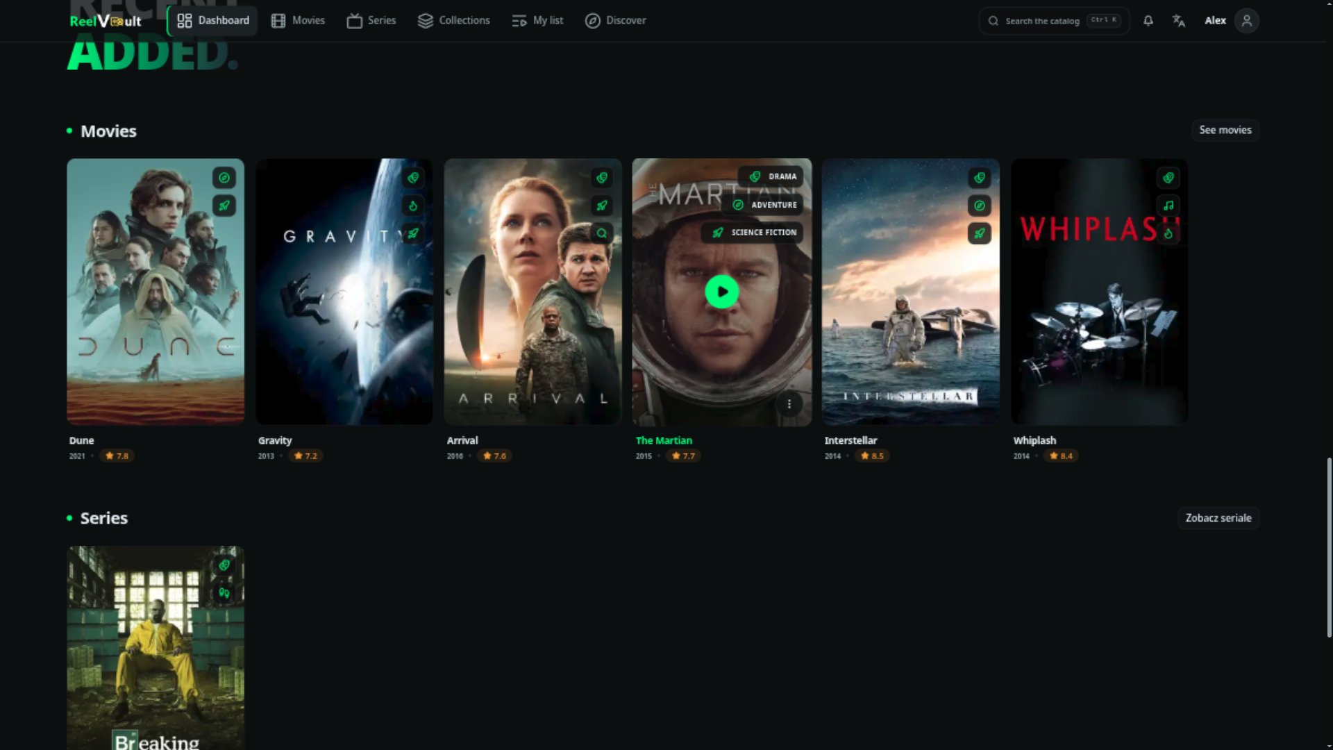 Dashboard shelves with recently added movie posters, genres and ratings
