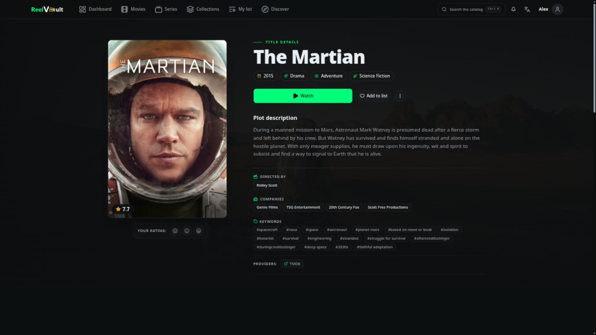 A movie details page with poster, plot, genres, studios, keywords and provider badge