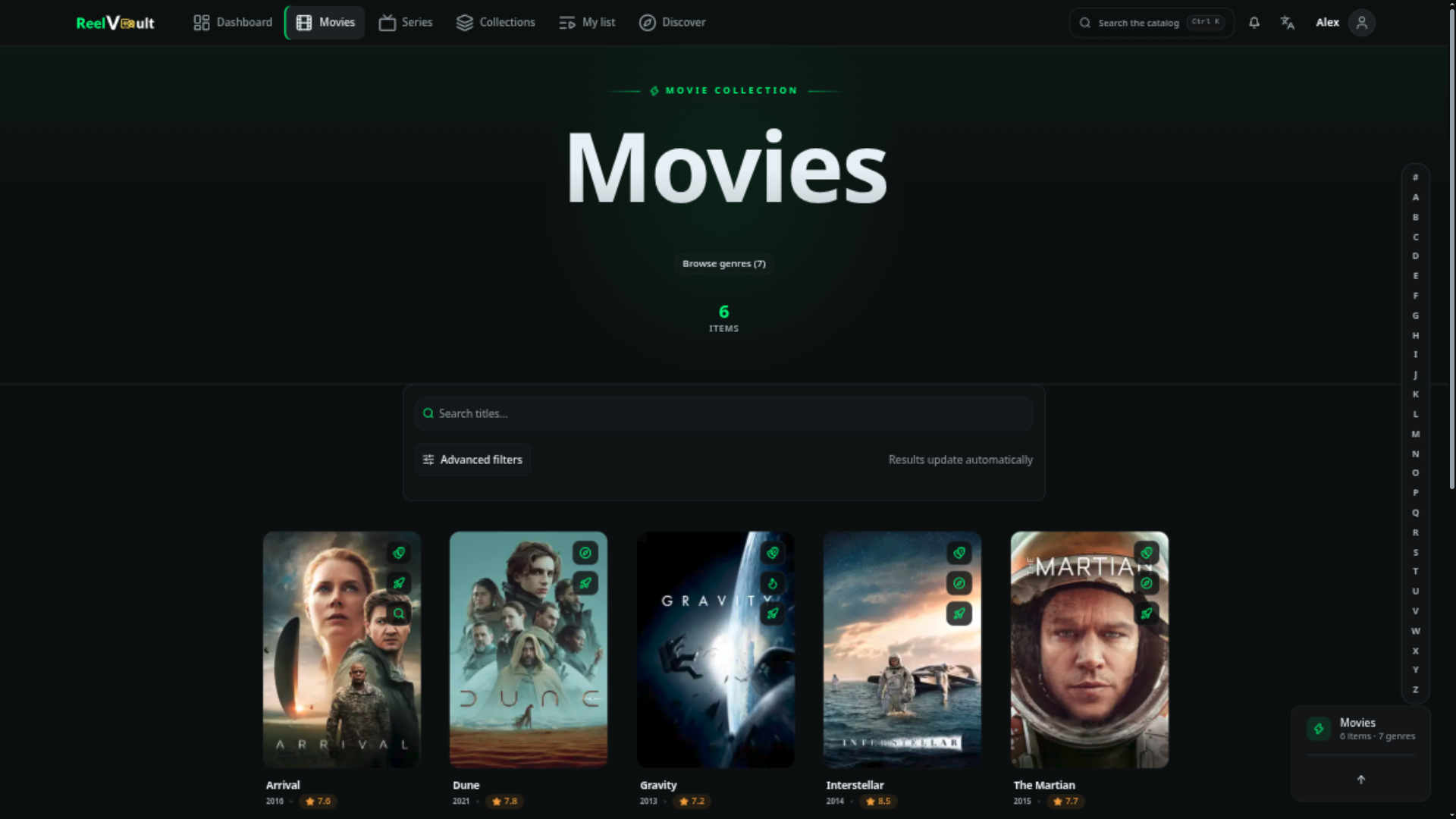The movies page with poster cards, genres, ratings, search and an A-Z index