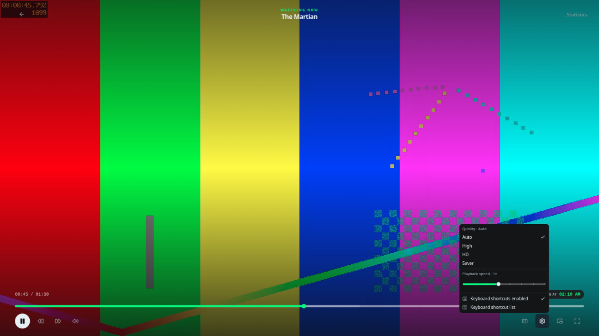 The player with the playback settings menu open: quality presets and playback speed