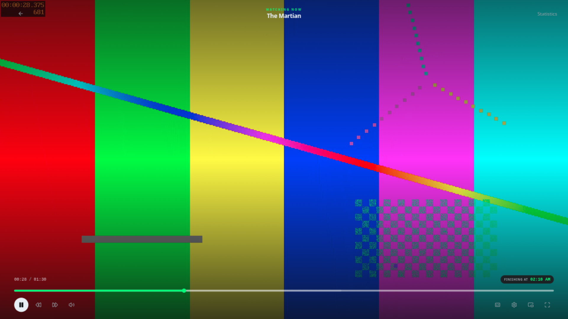 The video player playing a title with the timeline, pause, seek, volume and settings controls visible