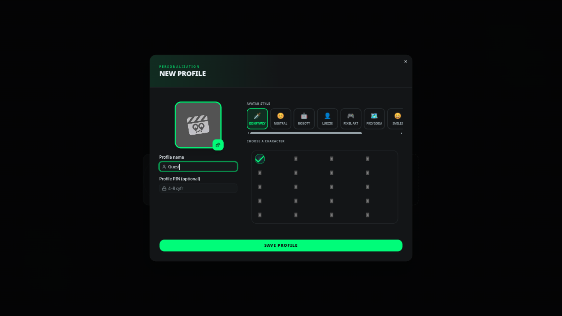 The new-profile dialog with a name field, an optional PIN field and avatar styles