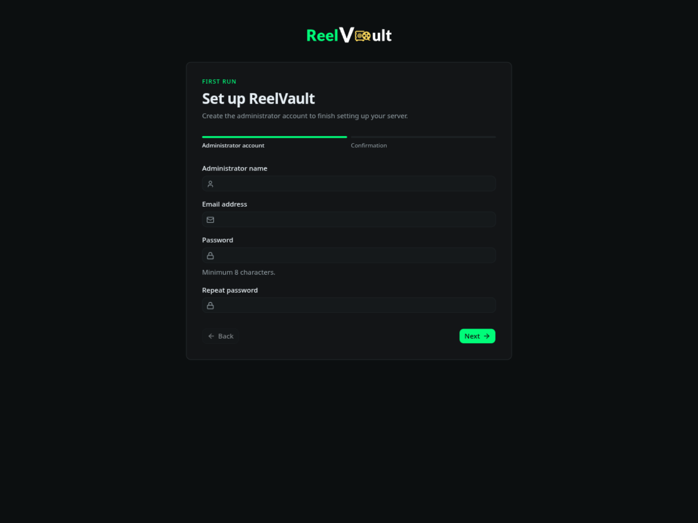 The setup wizard with an administrator name, email and password form